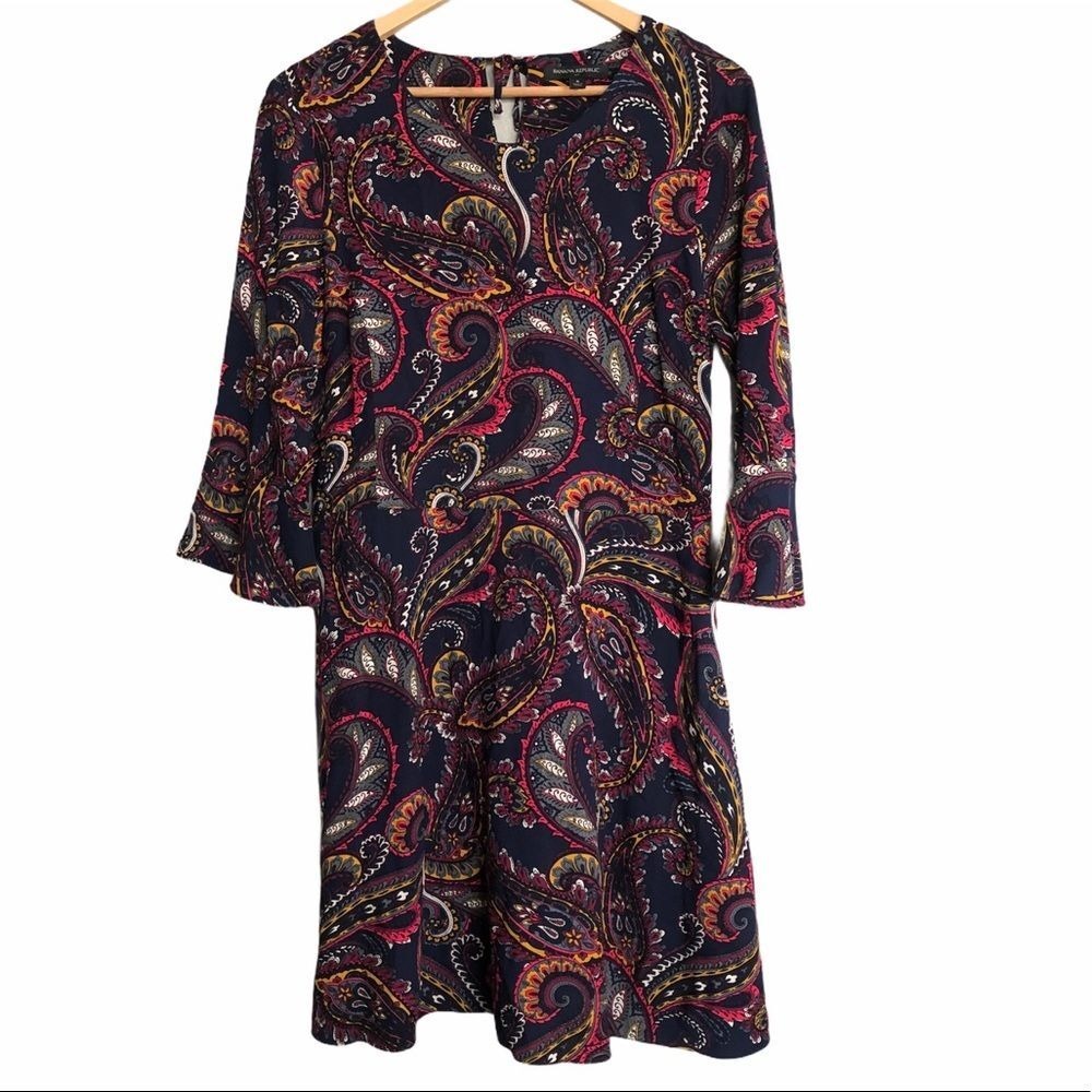 Banana Republic Shift Dress Womens 6 Navy Blue‎ Paisley Bell Sleeve Round Neck